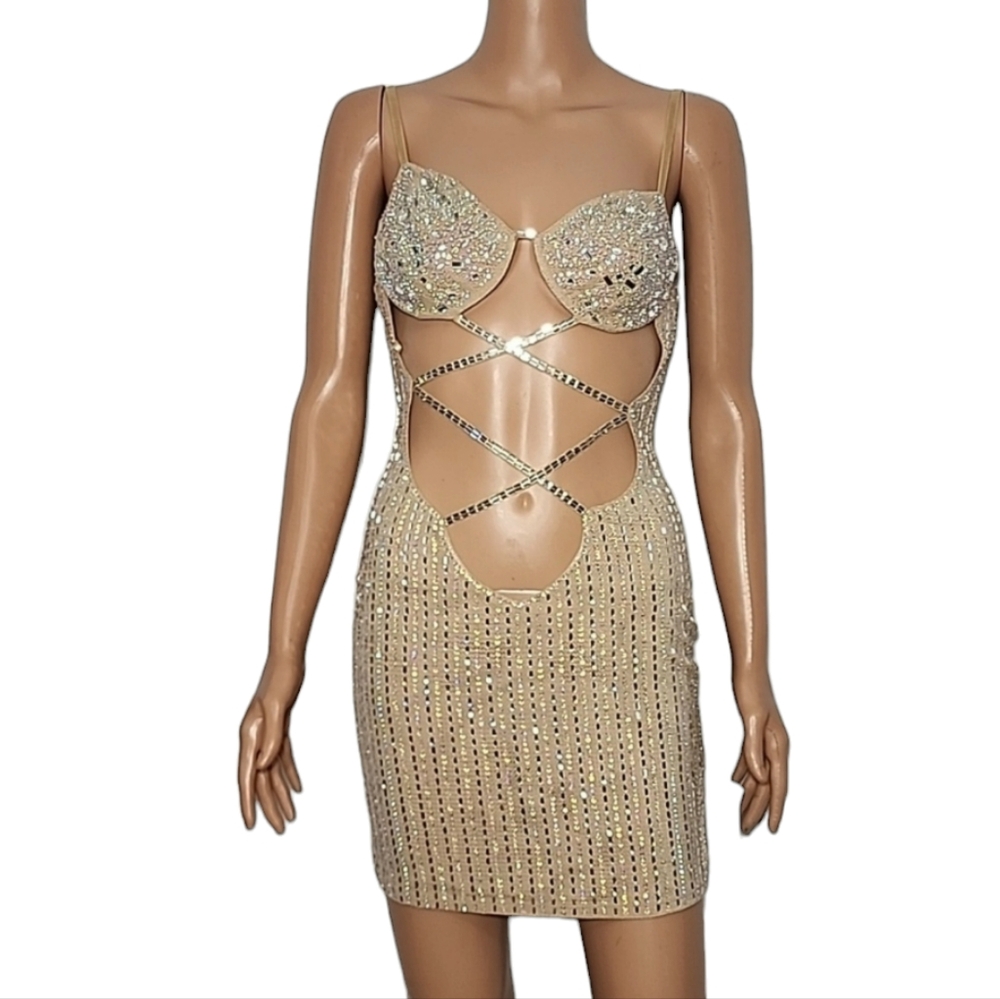 BANJUL Women’s Size S Stretch‎ Mesh Crystals Pearls Bodycon Mini Dress Nude Tan